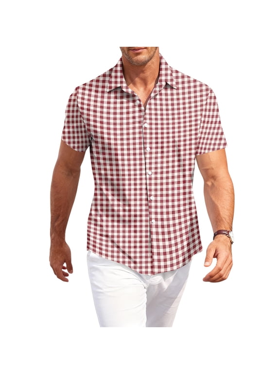 Shirts for Men Gingham Plaid Collared Short Sleeve Summer Comfy Button Down Shirt Classic Lightweight Casual Tees Deep Red XL