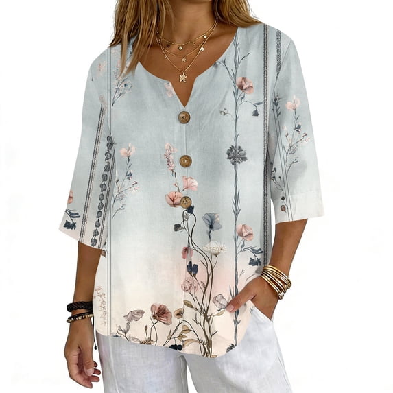 JULMCOMO Shirts for Women Floral Print 3 Button Notch Neck 3/4 Sleeve Loose Fit Casual Tunic Tops Comfy Summer Shirts Light Gray 2XL