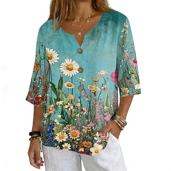 JULMCOMO Shirts for Women Floral Print 3 Button Notch Neck 3/4 Sleeve Loose Fit Casual Tunic Tops Comfy Summer Shirts Light Green S