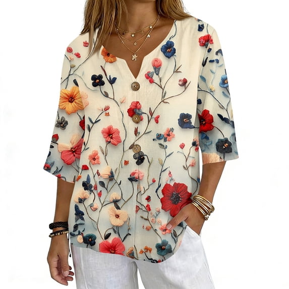 JULMCOMO Shirts for Women Floral Print 3 Button Notch Neck 3/4 Sleeve Loose Fit Casual Tunic Tops Comfy Summer Shirts Multicolor S