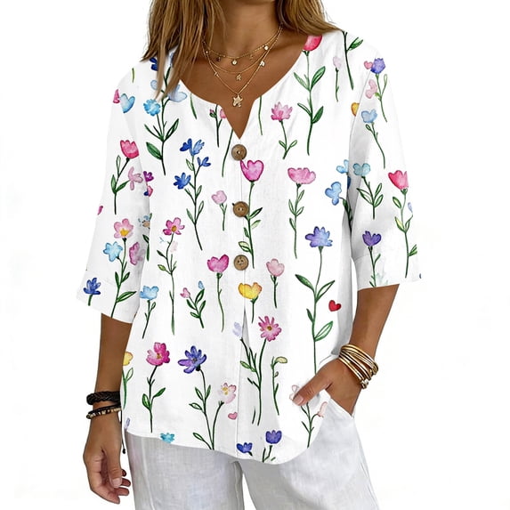 JULMCOMO Shirts for Women Floral Print 3 Button Notch Neck 3/4 Sleeve Loose Fit Casual Tunic Tops Comfy Summer Shirts Purple Pink S