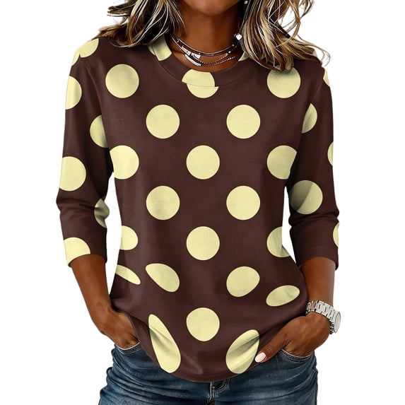 JULMCOMO Shirts for Women Polka Dot 3/4 Sleeve Crew Neck Casual Loose Fit T Shirts Retro Dot Trendy Comfy Tunic Tops Brown 2XL