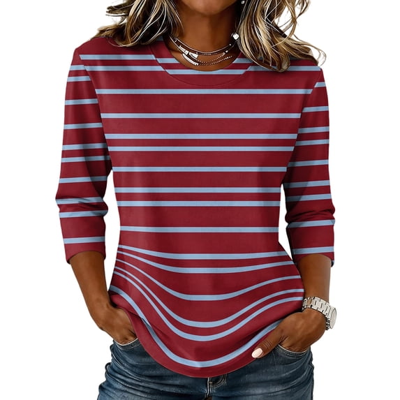 JULMCOMO Shirts for Women Striped Crew Neck 3/4 Sleeve Casual Loose Fit T Shirts Color Block Comfy Trendy Summer Tops Deep Red XL