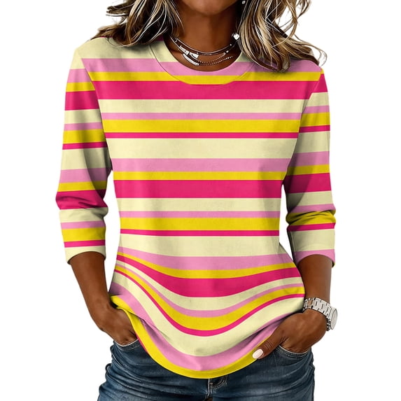 JULMCOMO Shirts for Women Striped Crew Neck 3/4 Sleeve Casual Loose Fit T Shirts Color Block Comfy Trendy Summer Tops Light pink S