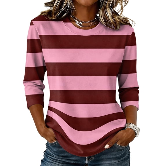 JULMCOMO Shirts for Women Striped Crew Neck 3/4 Sleeve Trendy Loose Fit T Shirts Color Block Casual Comfy Tunic Tops Wine XL