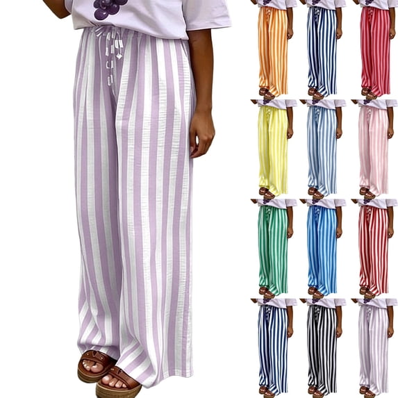 JULMCOMO Stripe Pants for Women Drawstring Elastic Waist Loose Fit Flowy Wide Leg Pants Casual Baggy Palazzo Trousers Light Purple M