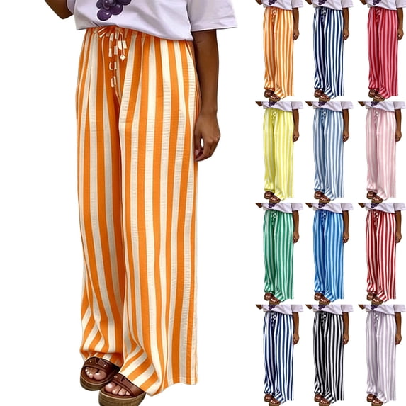 JULMCOMO Stripe Pants for Women Drawstring Elastic Waist Loose Fit Flowy Wide Leg Pants Casual Baggy Palazzo Trousers Orange 2XL