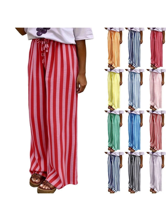 Stripe Pants for Women Drawstring Elastic Waist Loose Fit Flowy Wide Leg Pants Casual Baggy Palazzo Trousers Red L