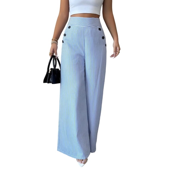 JULMCOMO Striped Pants for Women High Waisted Wide Leg Flowy Palazzo Pants Button Design Vertical Stripe Straight Trousers With Pockets Blue XL