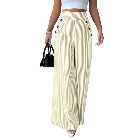 JULMCOMO Striped Pants for Women High Waisted Wide Leg Flowy Palazzo Pants Button Design Vertical Stripe Straight Trousers With Pockets Bronze S