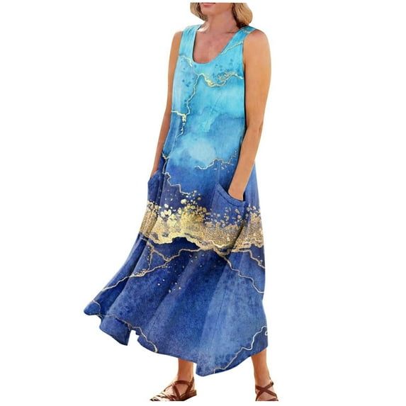 JULMCOMO Summer Dresses for Women 2024 Round Neck Casual Boho Long Dress Floral Print Plus Size Sleeveless Maxi Dress with Pocket
