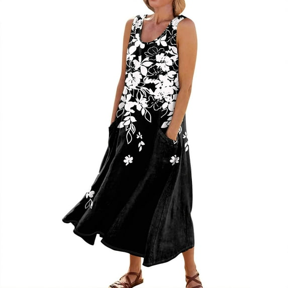 JULMCOMO Summer Dresses for Women 2024 Round Neck Casual Boho Long Dress Floral Print Plus Size Sleeveless Maxi Dress with Pocket