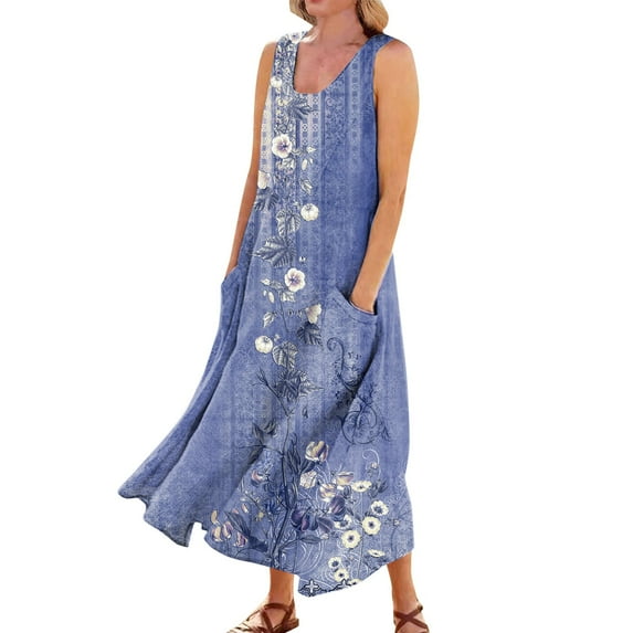 JULMCOMO Summer Dresses for Women 2024 Round Neck Casual Boho Long Dress Floral Print Plus Size Sleeveless Maxi Dress with Pocket