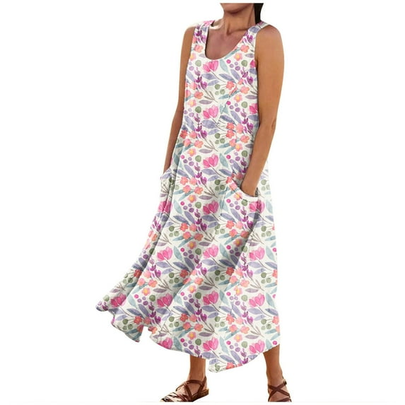 JULMCOMO Summer Dresses for Women 2024 Round Neck Casual Boho Long Dress Floral Print Plus Size Sleeveless Maxi Dress with Pocket