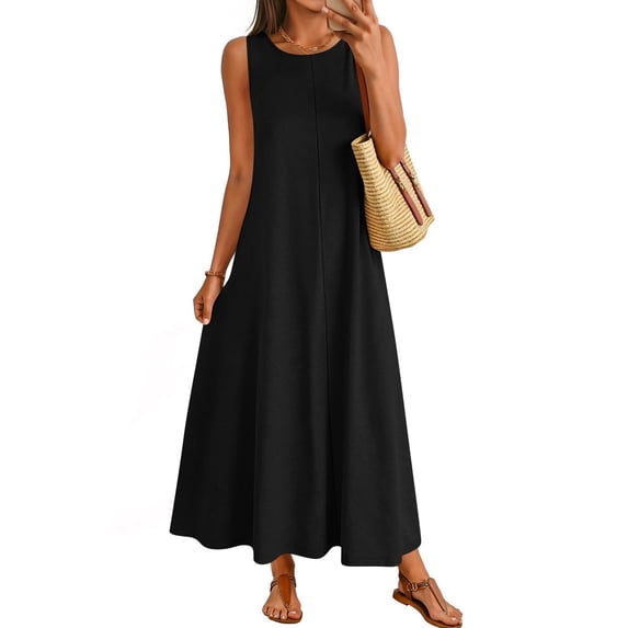 JULMCOMO Summer Dresses for Women 2026 Sleeveless Crew Neck Casual Comfy A Line Loose Fit Maxi Sundresses for Beach Vacation Black M