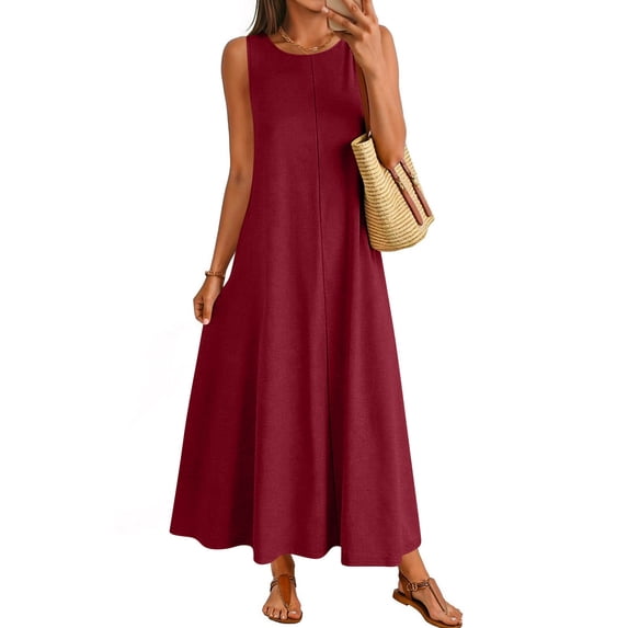 JULMCOMO Summer Dresses for Women 2026 Sleeveless Crew Neck Casual Comfy A Line Loose Fit Maxi Sundresses for Beach Vacation Deep Red L