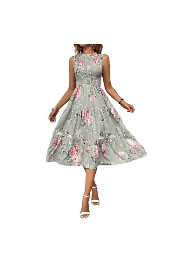 Summer Dresses for Women Floral Print Mock Neck Smocked Sleeveless Flowy Midi Dresses High Waist A Line Casual Sundresses Green L