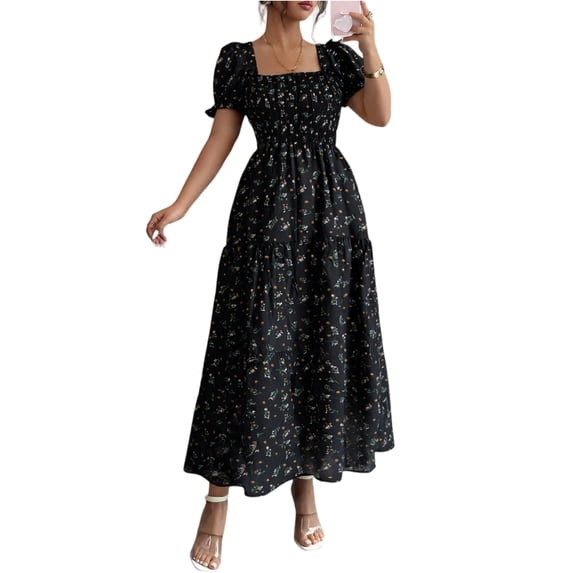 JULMCOMO Summer Dresses for Women Floral Print Square Neck Puff Short Sleeve Casual Dresses Smocked Waist A Line Flowy Sundresses Black XL