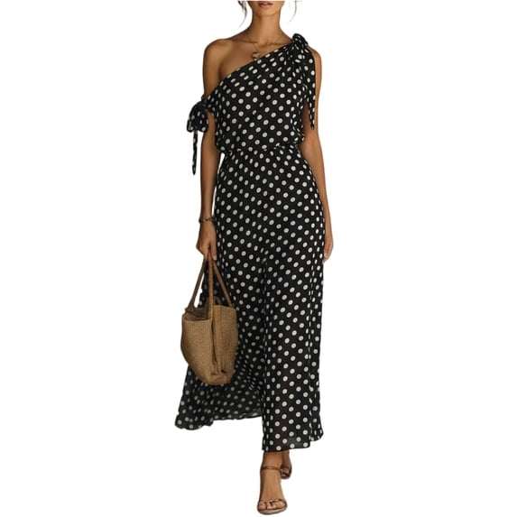 JULMCOMO Summer Dresses for Women Polka Dot One Shoulder Casual A Line Flowy Maxi Dresses Tie Strap Beach Vacation Sundresses Black XL