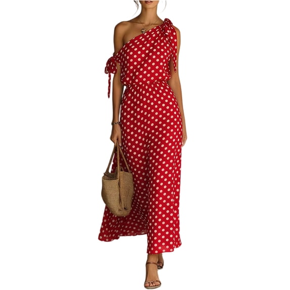 JULMCOMO Summer Dresses for Women Polka Dot One Shoulder Casual A Line Flowy Maxi Dresses Tie Strap Beach Vacation Sundresses Red M