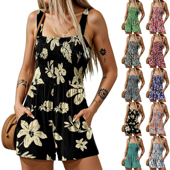 JULMCOMO Summer Rompers for Women 2025 Sleeveless sexy Shorts Jumpers Wide Leg Casual Adjustable Strap Overalls with Pockets Dark Green L