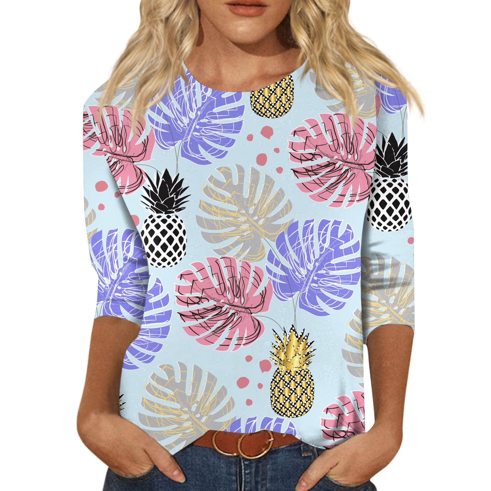 Summer Tops for Women 2024 3/4 Sleeve Summer Crew Neck T