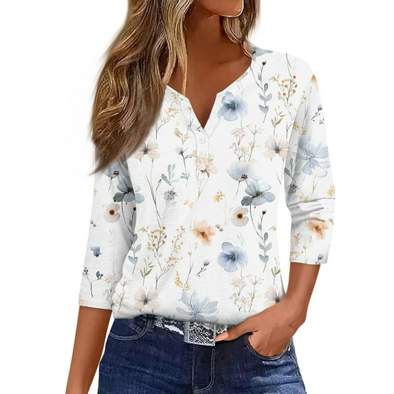 JULMCOMO Summer Tops for Women 2024 Button Decor V Neck Shirt 3/4 Sleeve Fashion Tshirts Floral Print Dressy Casual Tunic Tops