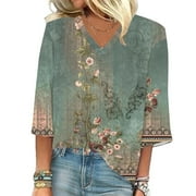 JULMCOMO Summer Tops for Women 2024 Spring Casual 3/4 Length Sleeve T Shirt Sexy V Neck Tops Vintage Floral Print Tunic Shirt Blouses