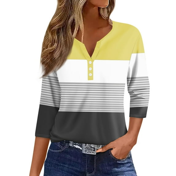 JULMCOMO 3/4 Length Sleeve Blouses for Women Button Up Plus Size Tops V Neck Striped Print Tee Shirts Three Quarter Sleeve Loose Fit Tshirt