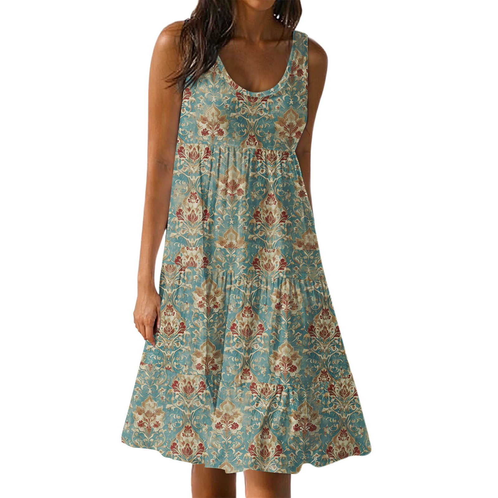 Women's Boho Floral Mini Dress – Sleeveless, Loose Fit, Rayon Sundress For Summer & Beach