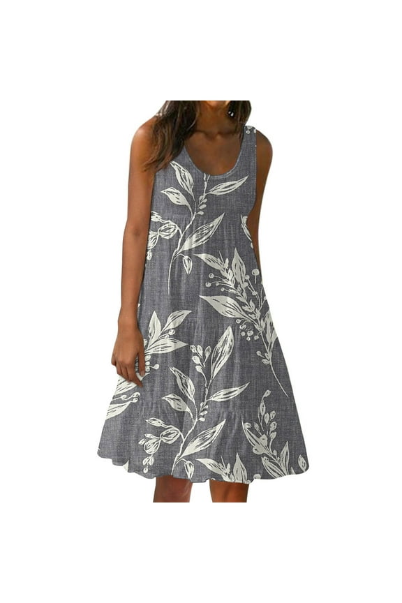 Sundresses for Women Trendy Sleeveless Mini Dress Floral Print O Neck Summer Tiered Sun Dresses Casual Fashion Boho a Line Dress