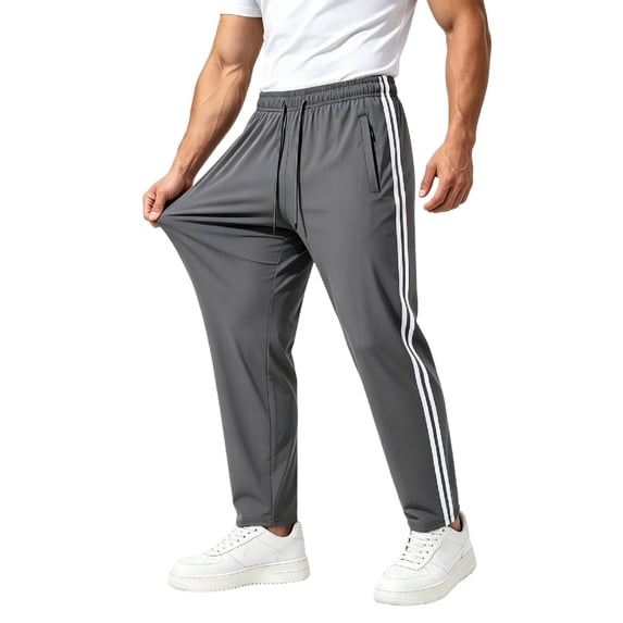 JULMCOMO Sweatpants for Men Striped Stretchy Drawstring Breathable Workout Joggers Straight Leg Lightweight Athletic Pants with Zipper Pockets Dark Gray L