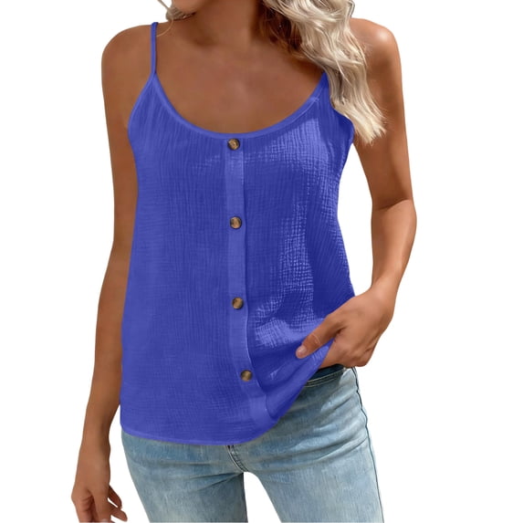 JULMCOMO Tank Tops for Women Scoop Neck Adjustable Spaghetti Strap Casual Loose Fit Camisole Tops Sleeveless Summer Button Down Shirts Blue M