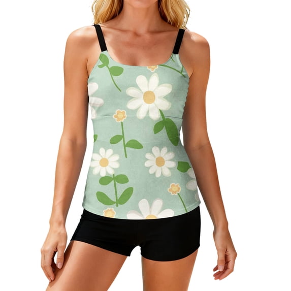 JULMCOMO Tankini Swimsuits for Women Floral Print Scoop Neck Adjustable Spaghetti Strap Bathing Suit Summer Beach Two Piece Swimsuit Light Green M