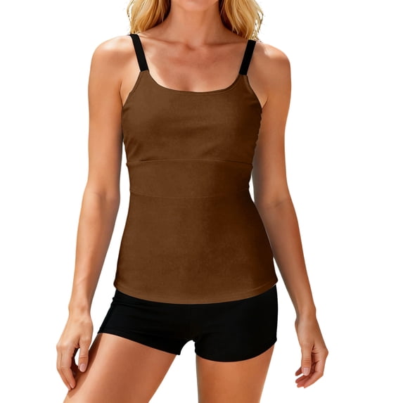 JULMCOMO Tankini Swimsuits for Women Solid Scoop Neck Adjustable Strap Beach Two Piece Swimsuit Summer Vacation Bathing Suit Brown 2XL