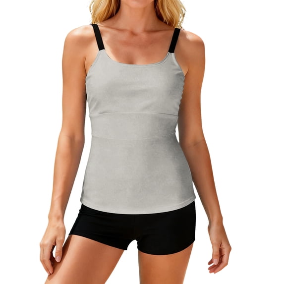 JULMCOMO Tankini Swimsuits for Women Solid Scoop Neck Adjustable Strap Beach Two Piece Swimsuit Summer Vacation Bathing Suit Light Gray L
