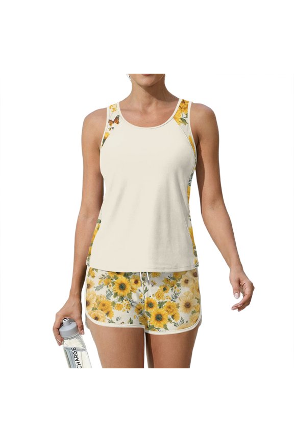 Tankini Swimsuits for Women Sunflower Print Crew Neck Drawstring Sporty Bathing Suits Summer Vacation Two Piece Swimsuit Complexion 2XL