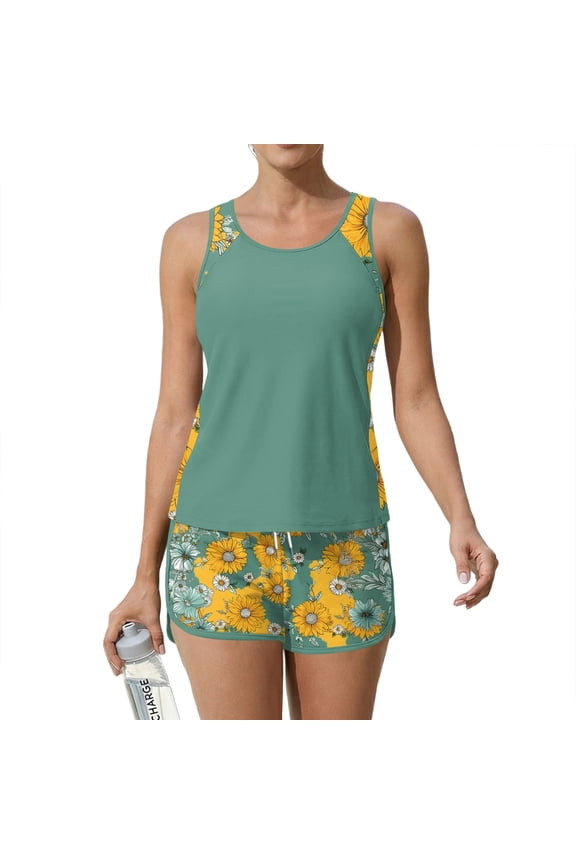 Tankini Swimsuits for Women Sunflower Print Drawstring Crew Neck Sporty Bathing Suits Summer Beach 2 Piece Swimsuit Orange L