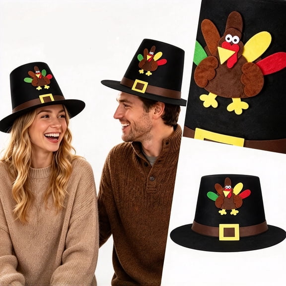 JULMCOMO Thanksgiving Pilgrim Hat for Men Women Felt Funny Holiday Party Top Hat with Turkey Applique Novelty Costume Headwear A