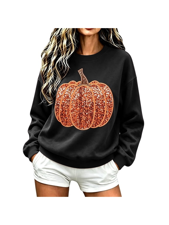 Thanksgiving Sweatshirt for Women Fall Pumpkin Sequin Crew Neck Casual Loose Soft Sweatshirt Sparkly Autumn Holiday Party Pullover Tops Black XL