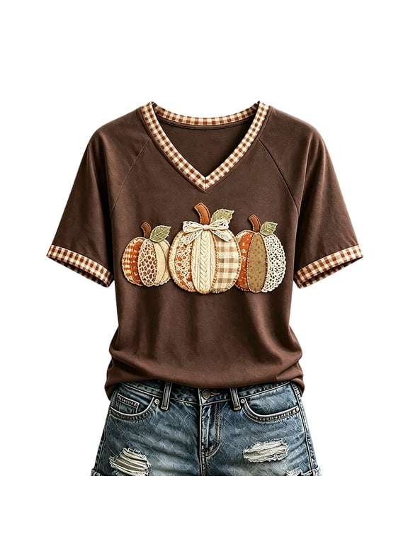 Thanksgiving Women's Tops Football Pumpkin Print V Neck Loose Soft Cozy Tops Casual Short Sleeve Party Holiday Fall Graphic Tees Coffee 2XL