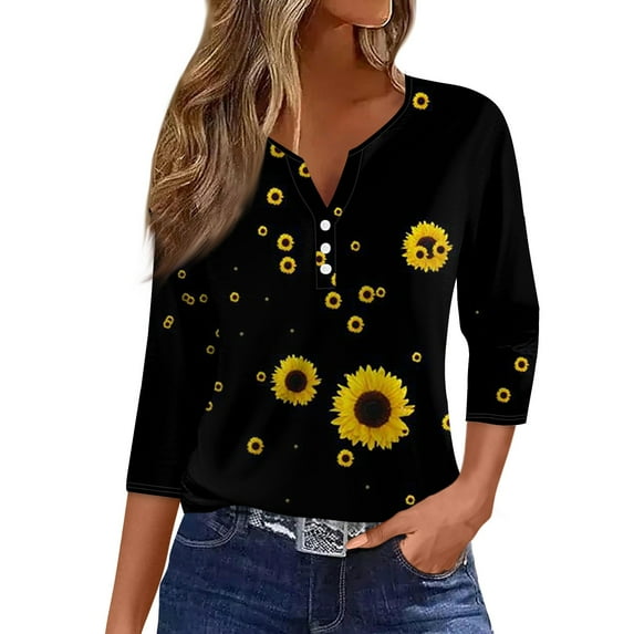 JULMCOMO Tops for Women 2024 Button Decor V-Neck Shirt 3/4 Sleeve Summer Tshirts Sunflower Print Casual Trendy Tunic Tops