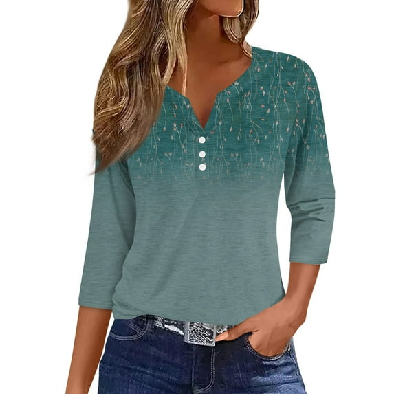 JULMCOMO Tops for Women 2024 Button Decor V-Neck Shirt 3/4 Sleeve Summer Tshirts Sunflower Print Casual Trendy Tunic Tops
