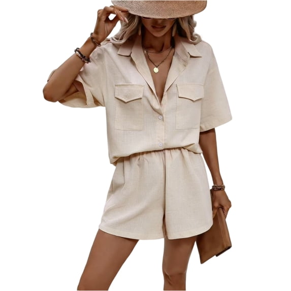JULMCOMO Two Piece Sets for Women Deep V Neck Loose Fit Button Down Shirts Short Sleeve Wide Leg Summer Travel Lounge Sets Beige L