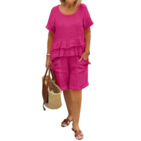 JULMCOMO Two Piece Sets for Women Ruffle Layered Scoop Neck Short Sleeve Summer Tops Wide Leg Loose Fit Trendy Short Sets with Pockets Hot Pink M