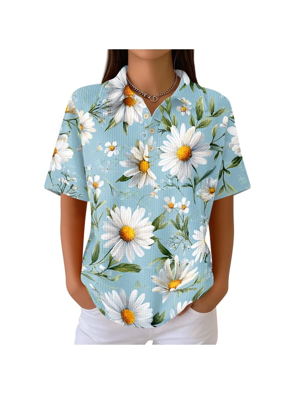 Waffle Blouses for Women Floral Print Half Button Down Collared Short Sleeve Comfy Casual Shirts Loose Fit Summer Tops Light Blue M
