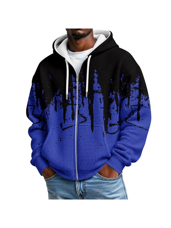 Waffle Knit Hoodies for Men Paint Drip Graffiti Print Zip Up Drawstring Hooded Casual Jacket Long Sleeve Loose Fall Winter Sweatshirt with Pockets Blue L
