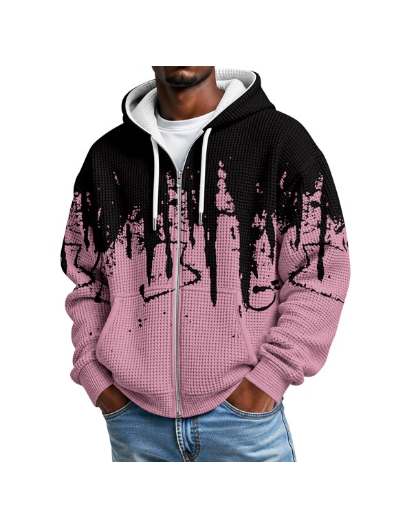 Waffle Knit Hoodies for Men Paint Drip Graffiti Print Zip Up Drawstring Hooded Casual Jacket Long Sleeve Loose Fall Winter Sweatshirt with Pockets Pink 3XL
