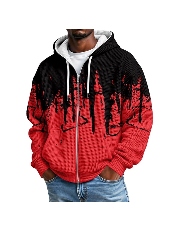 Waffle Knit Hoodies for Men Paint Drip Graffiti Print Zip Up Drawstring Hooded Casual Jacket Long Sleeve Loose Fall Winter Sweatshirt with Pockets Red 3XL
