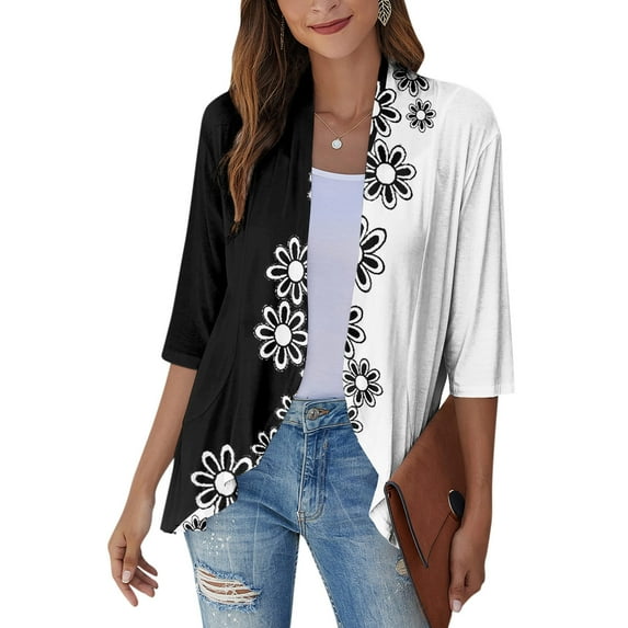 JULMCOMO White Cardigan for Women 3/4 Sleeve Summer Sweaters for Women Lightweight Open Front Shrug Cardigan Floral Print Dressy Casual Cute Duster Cardigans